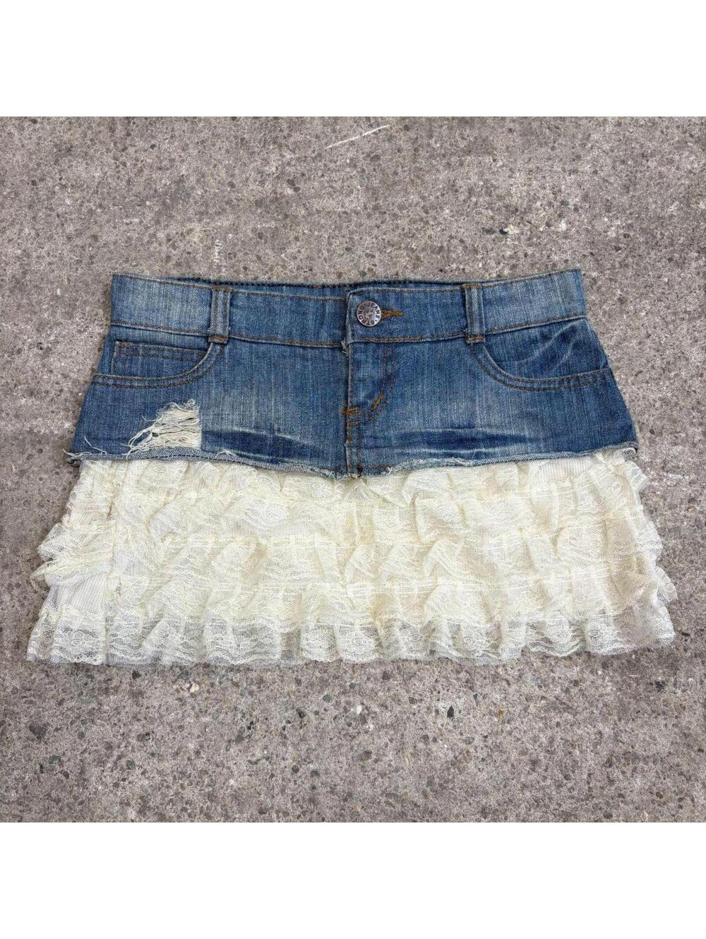 Vintage Y2K Denim Micro Mini Skirt Low Rise Layered Peekaboo Ruffle - Picture 1 of 6